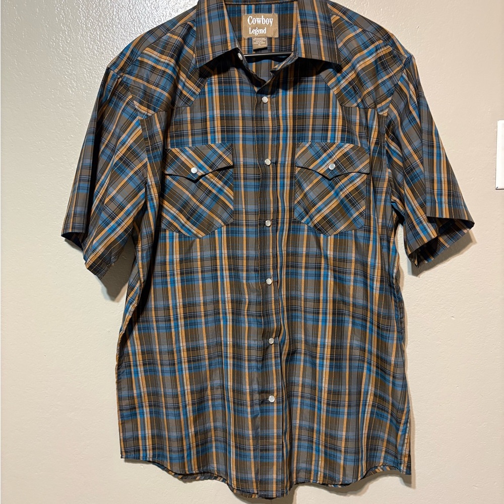 Men’s Cowboy Legend Short-Sleeve Pearl Snap Shirt - Blue & Browns Size‎ XL